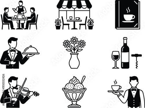 Restaurant and cafe service icons set with waiter, coffee, wine, dessert and musician black silhouette vector collection isolated on white