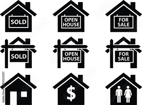 Real estate icons set with sold, open house, for sale signs and home property symbols black silhouette vector
