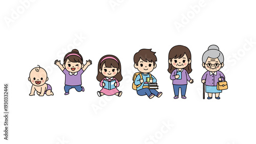 A sequence of cartoon illustrations showing the stages of human life from infancy to old age