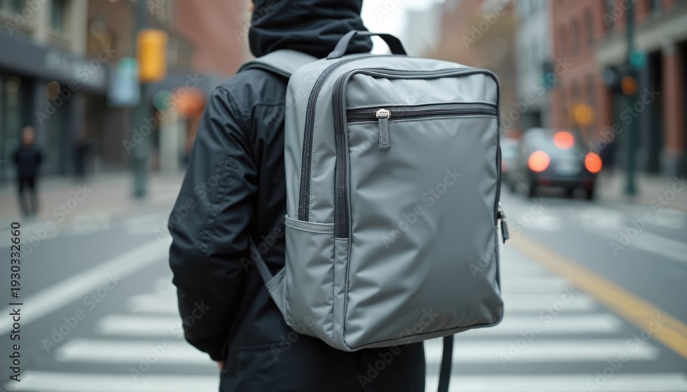 Naklejka premium Person with large grey backpack waits at crosswalk in city. Anonymous courier ready for delivery work on urban street. Modern gig economy worker moves through town.
