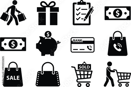 Shopping and Retail Icon Set with Sale Bag Gift Cart Bank Card Piggy Bank and Payment Symbols