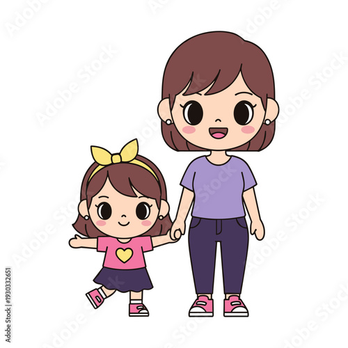 A cheerful mother and daughter holding hands, smiling happily together in a playful and colorful setting