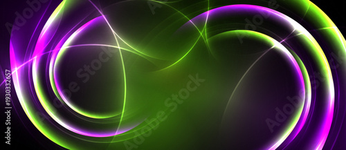 Abstract design features vibrant swirling lines. Green, purple hues dominate dark background. Dynamic energy radiates from central form.