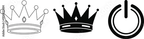Three crowns and a power symbol in black and white