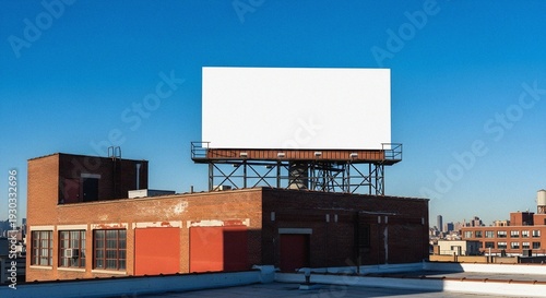 Blank rooftop billboard ready for content above a brick building in an urban setting under clear blue sky