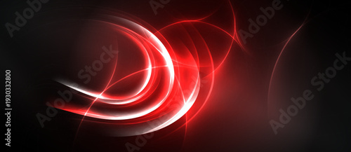 Abstract red curves, flowing lines, bright light effects. Dark background creates dramatic visual impact, modern design.