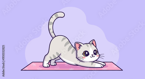 A white cat stretches on a pink mat in a vector eps illustration.