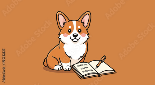 Corgi dog sitting with vector eps notebook and pencil happily