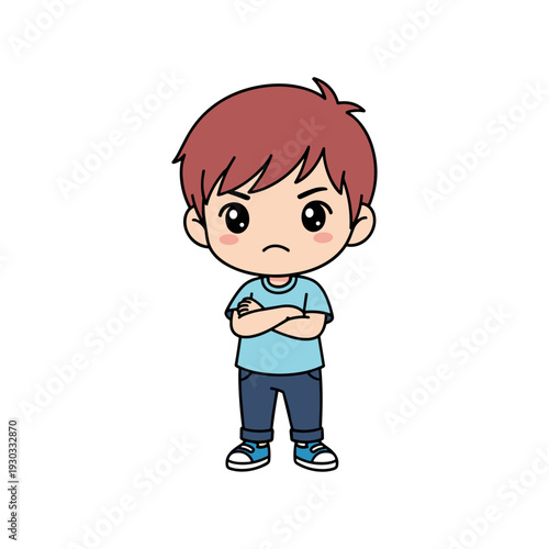 A cartoon illustration of a young boy with brown hair crossed arms and a frowning expression