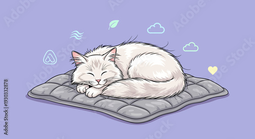 A serene vector eps illustration of a sleeping cat on a cushion outdoors.