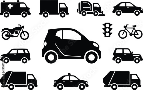 Transportation Vehicle Icon Set with Cars Truck Ambulance Motorcycle Bicycle Taxi and Traffic Light Silhouettes Vector Collection