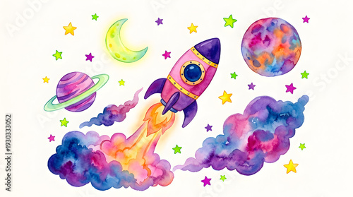 A colorful rocket ship launches through space with planets and stars
