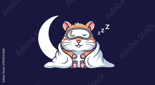 Sleeping hamster in a vector eps illustration with a moon behind it peacefully