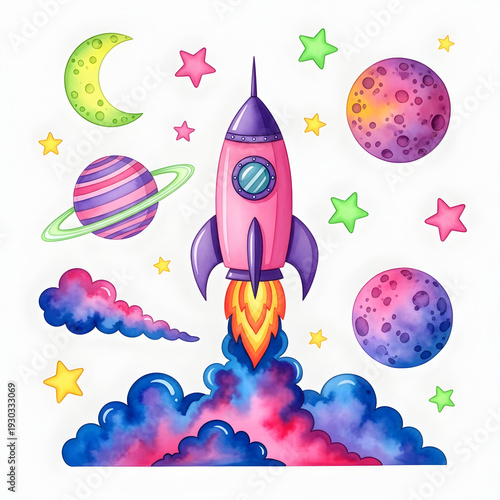 A pink rocket launches with colorful clouds and planets in space