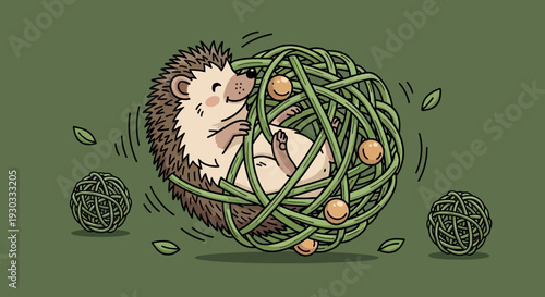Hedgehog playfully curls up in a tangled vector eps ball of green vines and leaves.
