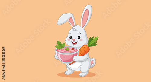 A white cartoon rabbit happily holding a bowl of soup and a carrot vector eps illustration.