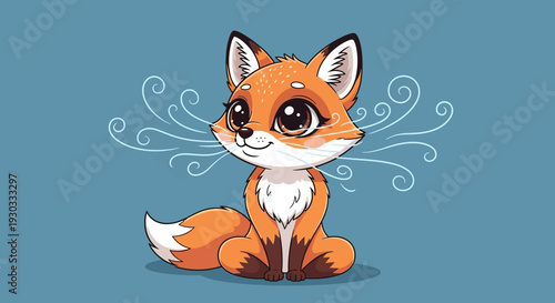 Cute cartoon fox sits on ground with swirling vector eps designs around it.