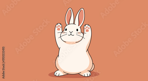 Cute white rabbit with raised paws in vector eps illustration on orange background
