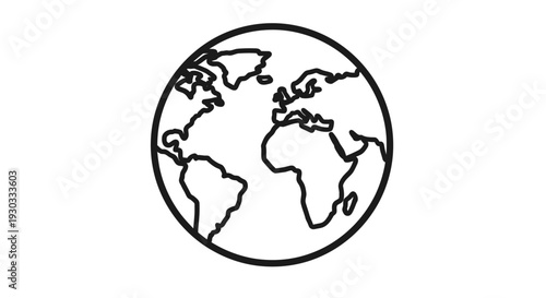 A simple line drawing of a globe centered on the Americas and Europe against a plain white background.