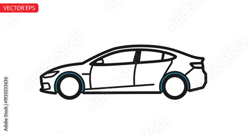 Vector line drawing of a sedan car in profile view on a white background with black lines and blue accents.