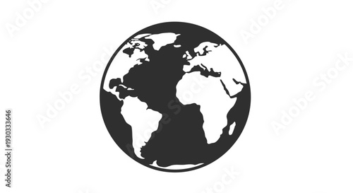 A black and white illustration of a globe with continents prominently displayed on a plain white background.
