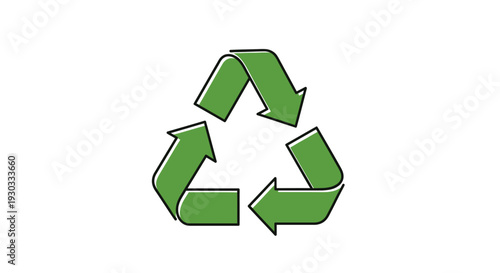 Green recycling symbol with three arrows on a white background, simple graphic illustration with a clear and eco-friendly design.