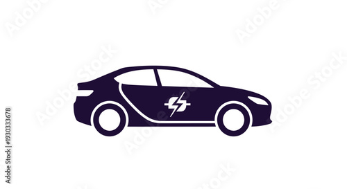 Simple dark purple silhouette of an electric car with a lightning bolt on the side panel against a white background.