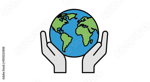 A minimalist line art illustration of two hands cradling a blue and green globe on a white background with a simple and symbolic composition.
