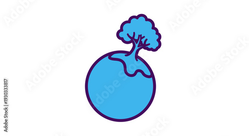 A simple, flat illustration of a blue globe with a tree on top, outlined in purple against a white background.