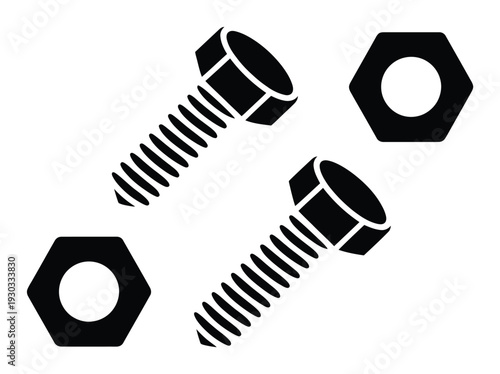 Black and white of two bolts and two nuts on a white background