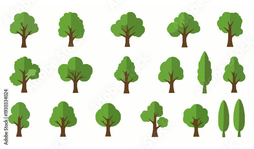 Green trees flat vector icon set for eco environment and natural lifestyle concepts isolated on white