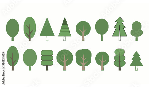 Flat green tree collection vector set for nature landscape and ecology design isolated on white
