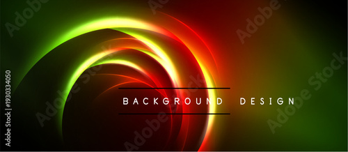 Abstract neon lights form swirling shapes. Dark background contrasts vibrant red, orange, green hues. Modern design element.