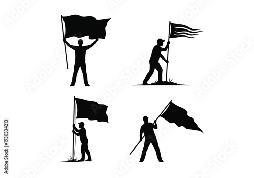 Man holding flag silhouette set vector collection people waving banners on poles isolated