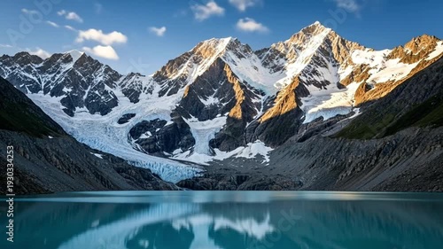 Majestic mountains with a glacier reflecting in a tranquil lake.
