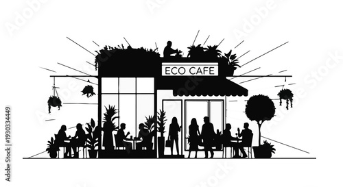 Vibrant eco cafe bustling with people enjoying outdoor seating amidst greenery.