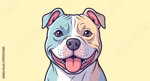 Happy cartoon Pitbull dog illustration with a split-color face and a wide smile.