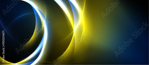 Abstract design features flowing curves, vibrant blues, yellows. Light creates dynamic energy, smooth gradients, modern aesthetic.