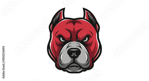 A fierce red and grey pitbull dog head mascot with an aggressive expression.