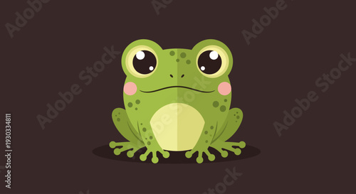 A cute, cartoon-style green frog with large, expressive eyes and pink cheeks sits centered against a dark brown background.