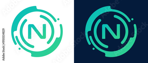 Modern letter “N” logo with circular abstract lines and blue gradient style, representing digital technology, innovation, connectivity, and professional tech branding. 