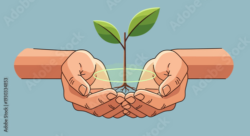 Two cupped hands gently holding a small green plant with visible roots and a glowing aura around it.