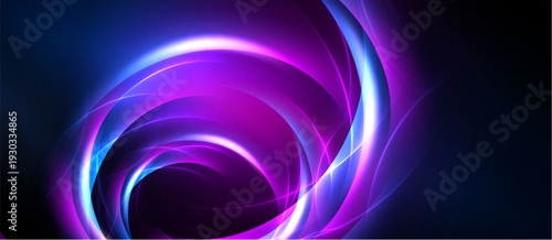 Abstract swirls, vibrant purple, blue hues create dynamic energy. Light radiates from central point, forming captivating visual effect.