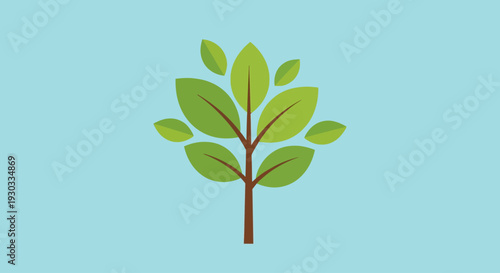 A simple, stylized illustration of a green tree with a brown trunk and multiple leaves, set against a light blue background.