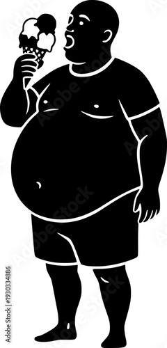 Overweight man eating a large ice cream cone. Black and white vector silhouette of an obese person enjoying a sugary snack. Concept for unhealthy diet, junk food, obesity, and summer indulgence.