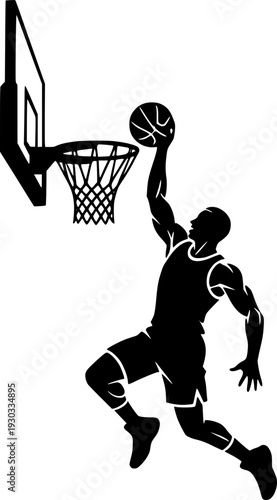 Silhouette of a basketball player performing a slam dunk. Black and white vector illustration of an athlete jumping to score. Concept of competition, high energy, and urban sports.
