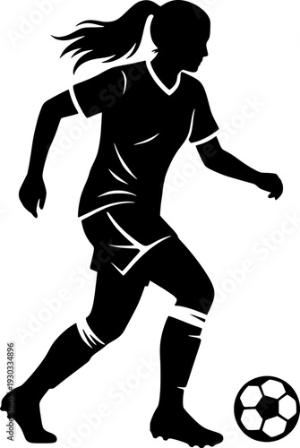 Silhouette of a female soccer player dribbling a ball. Black and white vector illustration of a woman athlete in motion. Concept for women's football, sports competition, and active lifestyle.
