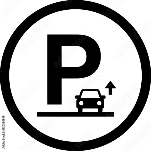 Parking sign icon with a car and an arrow inside a circle. Black and white vector illustration for traffic signaling, city navigation, parking zones, and transportation services.