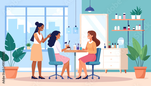 Two women are getting their hair and nails done at a beauty salon, with plants and shelves of products in the background.
