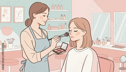 A makeup artist applying blush to a client's cheek in a beauty salon with shelves of products and mirrors.